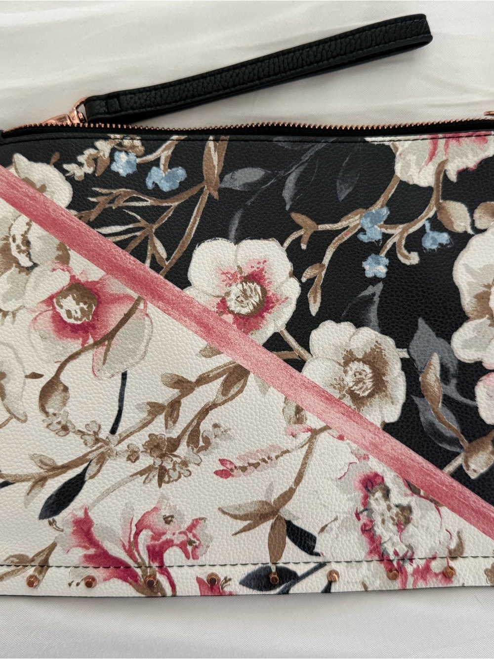 White House Black Market Black & Cream Floral Wristlet Clutch with Pink Trim - Picture 2 of 4